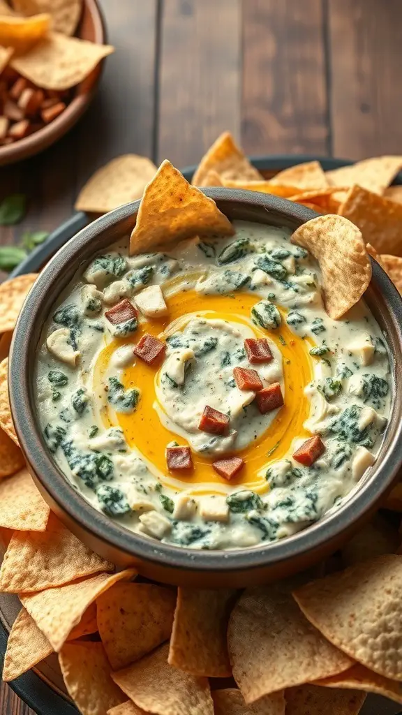 27+ Delicious Christmas Appetizers to Impress Your Guests 5 A bowl of spinach and artichoke dip surrounded by tortilla chips.