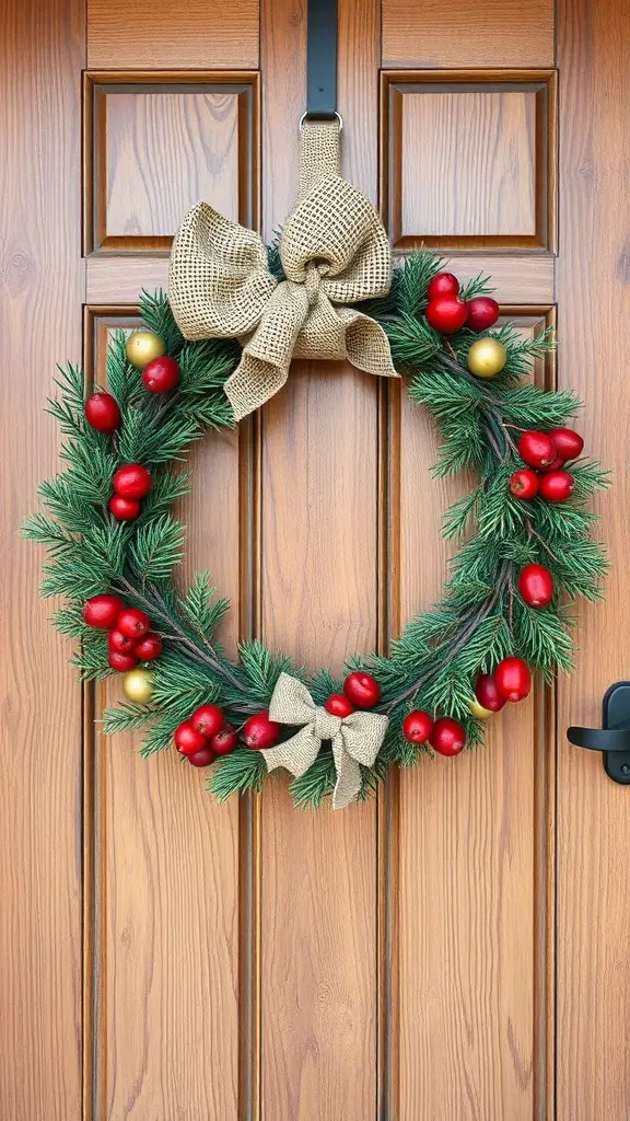 A festive farmhouse-inspired wreath with red ornaments, golden accents, and a burlap bow, hanging on a wooden door.