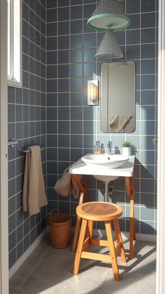 29+ Stunning Tiny Bathroom Layouts for Small Spaces 9 A small bathroom featuring a foldable stool, sleek sink, and stylish lighting.