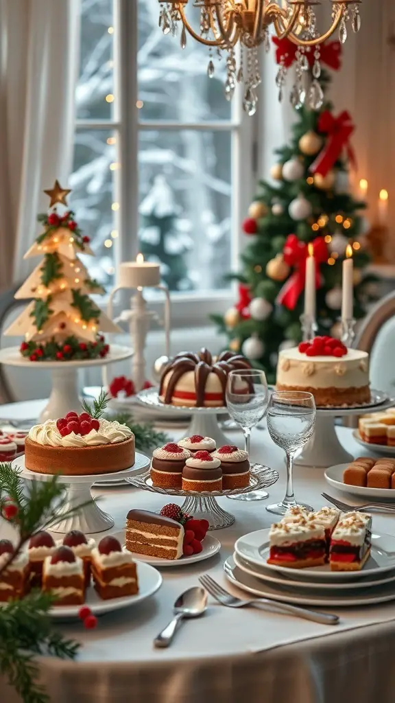 A beautifully arranged Christmas dessert table with various cakes and pastries, decorated with festive elements.