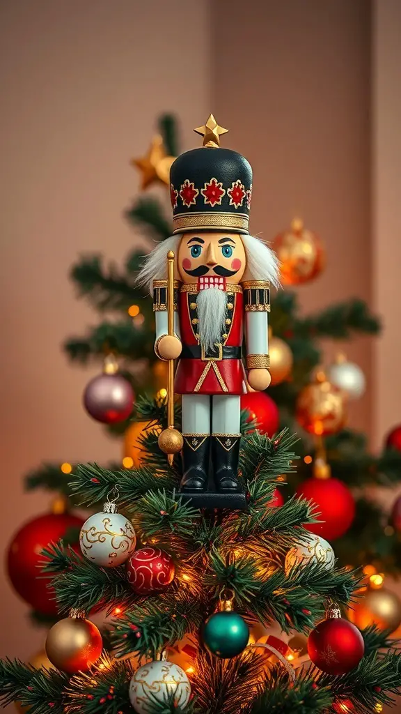 23+ Stunning Christmas Tree Topper Ideas to Inspire Your Holiday Decor 12 A colorful nutcracker tree topper on a Christmas tree, surrounded by ornaments and lights.