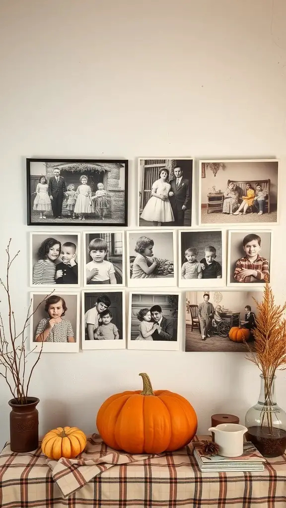 A display of vintage black-and-white photographs with pumpkins and autumn decor.