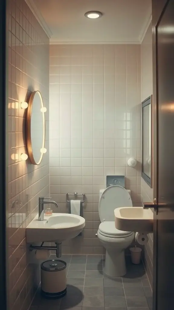 29+ Stunning Tiny Bathroom Layouts for Small Spaces 14 A small, well-lit bathroom featuring a round mirror with lights, a sink, and a toilet.