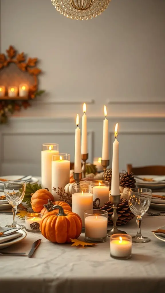 A beautifully arranged Friendsgiving table with candles, pumpkins, and autumn decor