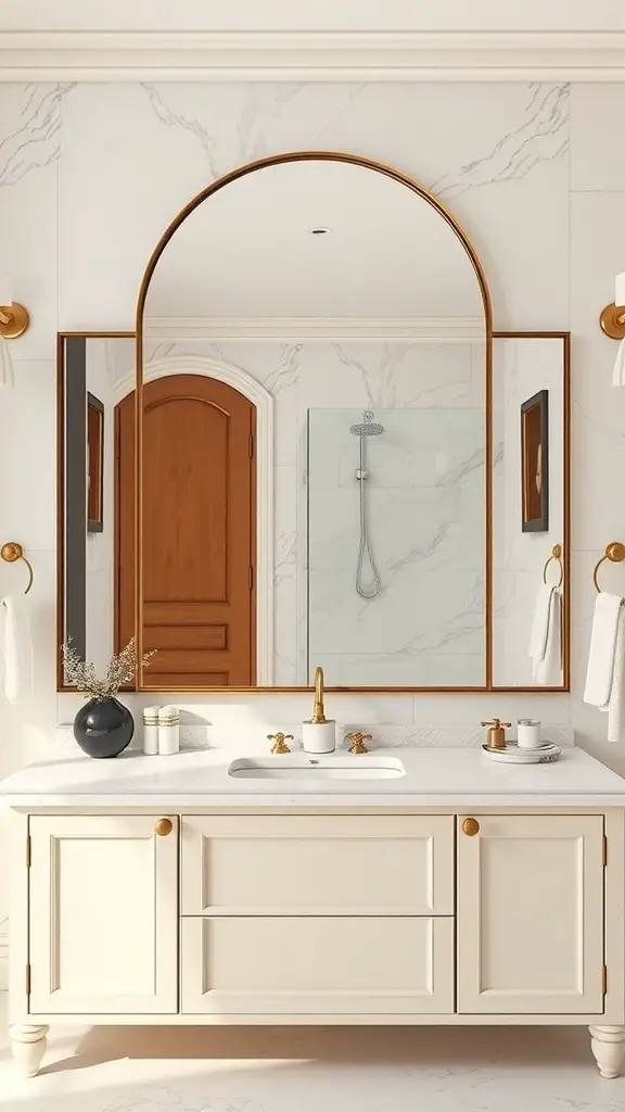 A stylish bathroom featuring an arched mirror above a sink with a light marble backdrop and warm wooden accents.