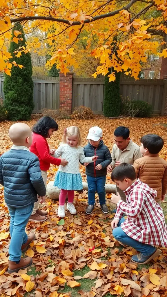 29+ Creative Thanksgiving Party Ideas to Celebrate in Style 15 Children participating in a Thanksgiving scavenger hunt in a backyard filled with autumn leaves.