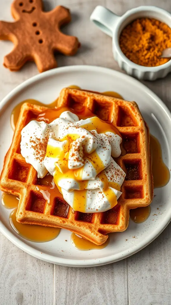 23+ Creative Christmas Breakfast Ideas That Kids Will Love 9 Gingerbread waffles topped with syrup and whipped cream, with a gingerbread cookie in the background.