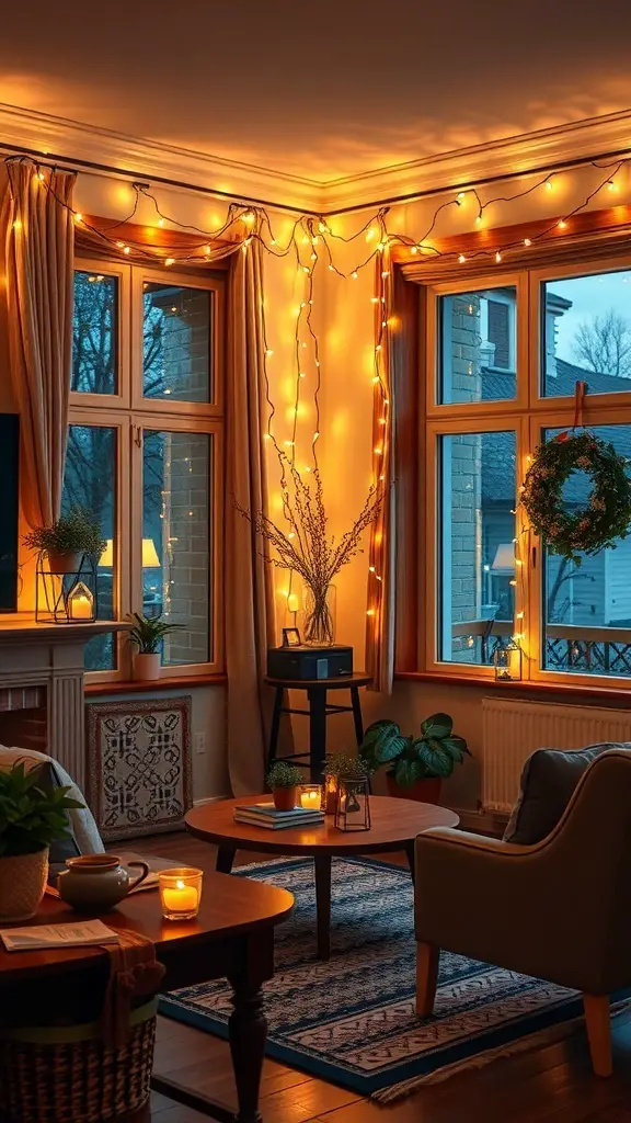 A cozy living room decorated with warm twinkling lights, plants, and candles.
