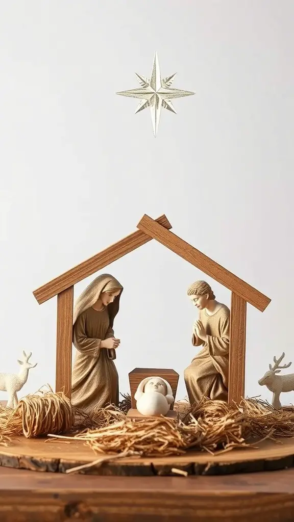 A wooden nativity scene with figures of Mary, Joseph, and baby Jesus under a shelter, topped with a star.