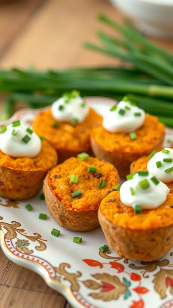 A plate of spiced sweet potato bites topped with sour cream and chives.