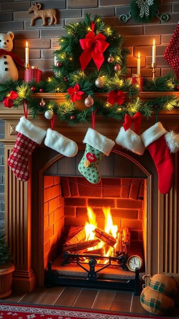 A beautifully decorated fireplace with traditional Christmas stockings hanging, a cozy fire burning, and festive decorations.