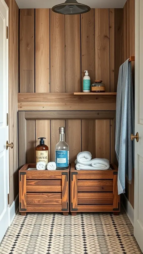 Wooden storage bins in a rustic bathroom setting