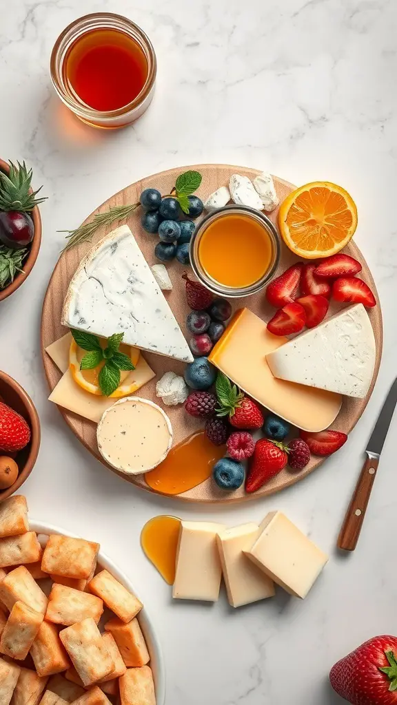 A beautifully arranged cheese and fruit pairing board with various cheeses, fruits, and honey.