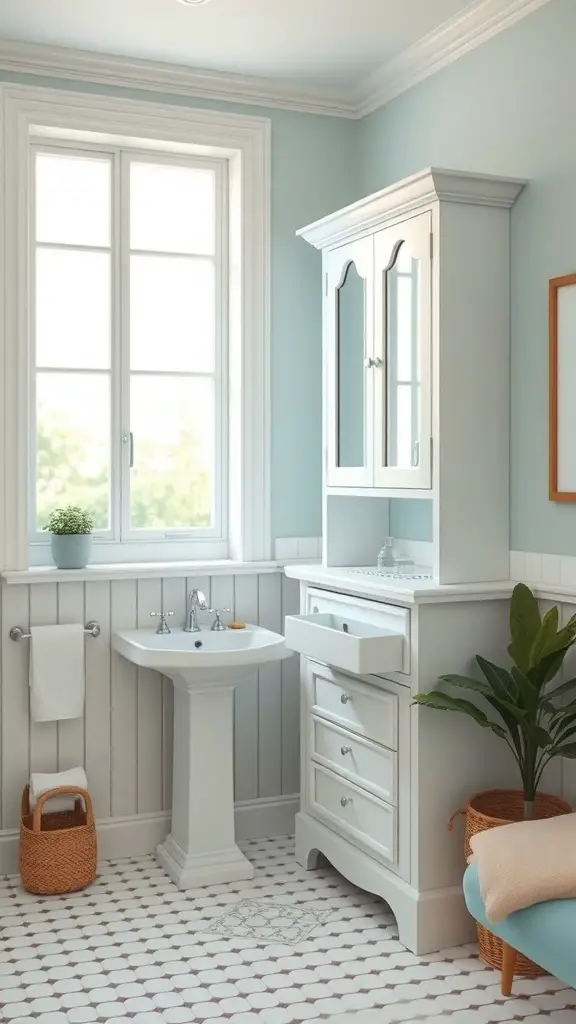 25+ Stylish Bathroom Corner Cabinets for Every Space 7 A bright bathroom featuring a corner cabinet, blue walls, and a cozy atmosphere.