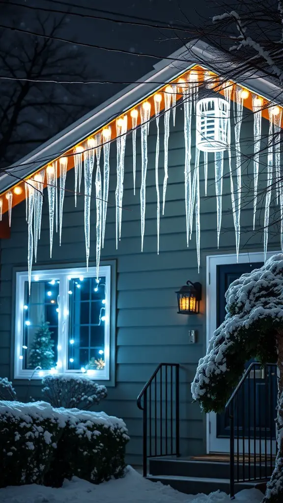 Icicle lights hanging from a roofline with snow on the ground