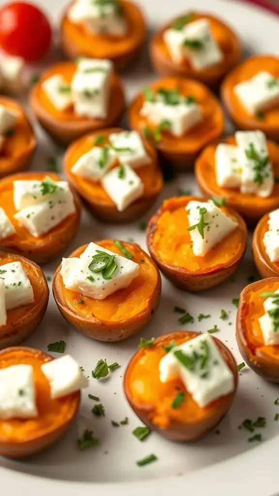 A plate of sweet potato and feta bites topped with herbs.