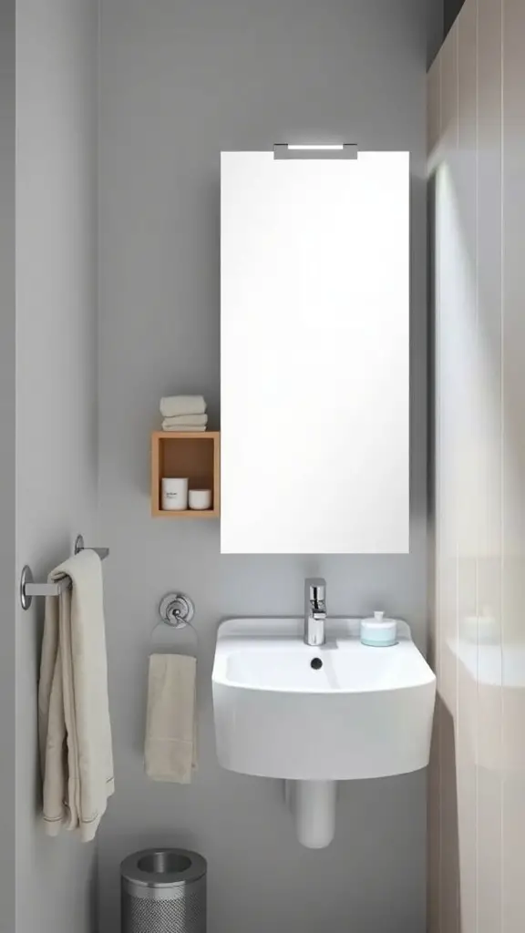 29+ Stunning Vertical Mirror Ideas to Transform Your Narrow Bathroom 5 A narrow bathroom featuring a sleek mirrored cabinet above a sink, showcasing modern design and functionality.