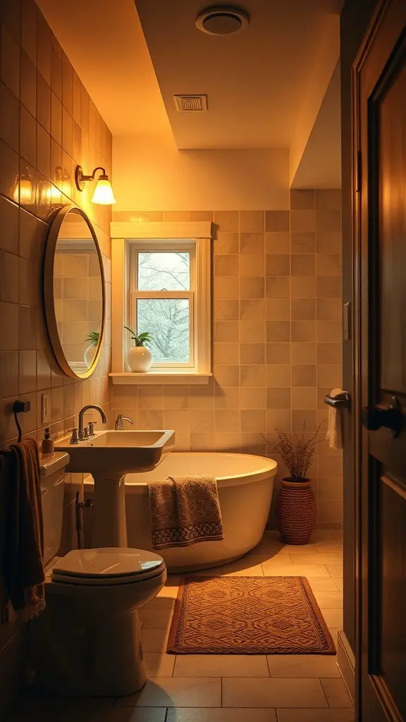 29+ Stylish Lighting Ideas to Transform Your Bathroom 6 Cozy bathroom with warm toned lighting and natural elements