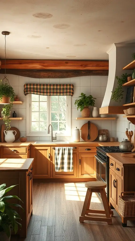 31+ Rustic Kitchen Design Ideas to Transform Your Space 3 A rustic kitchen with wooden cabinets, a plaid curtain, and green plants.