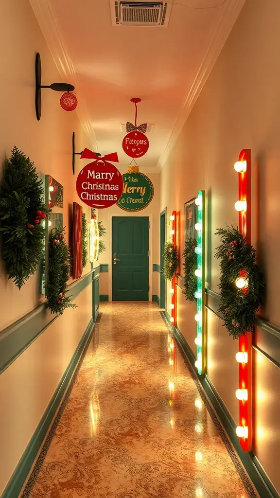 29+ Magical Hallway Christmas Light Ideas to Brighten Your Home 16 A festive hallway decorated with light-up Christmas signs and greenery.