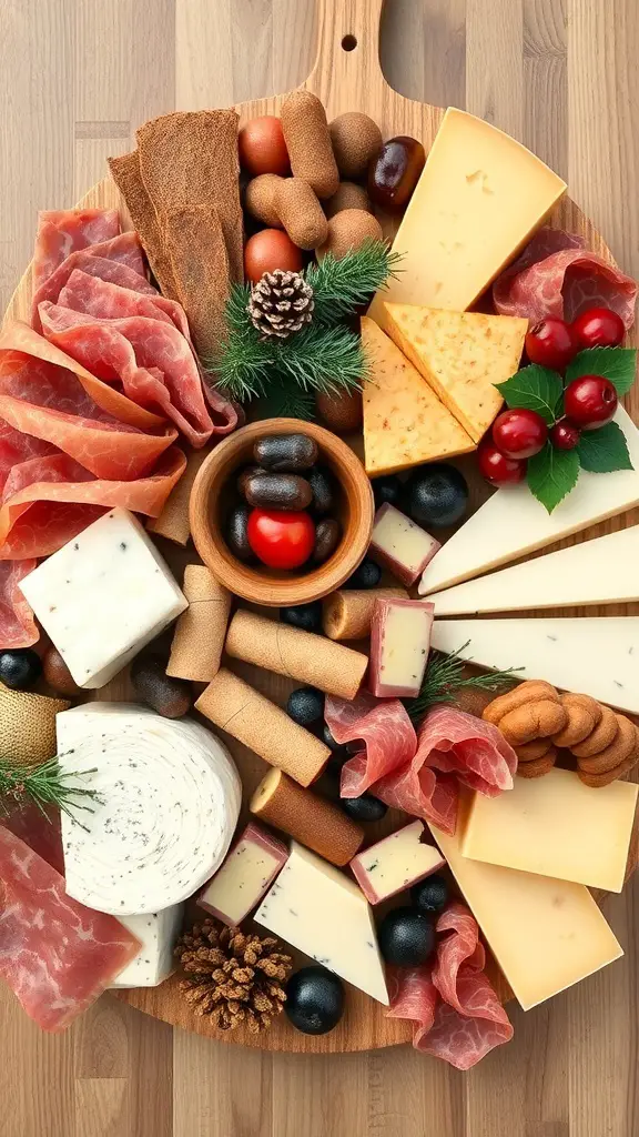 31+ Delightful Christmas Eve Food Ideas for a Festive Celebration 8 A festive charcuterie board featuring various cheeses, cured meats, olives, nuts, and fresh fruits arranged on a wooden platter.