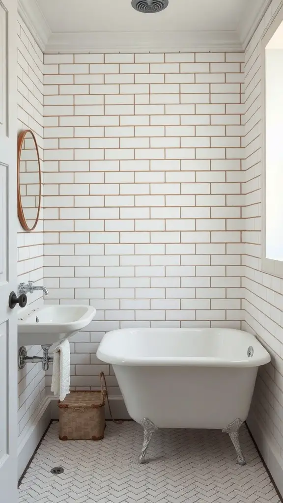29+ Stunning Bathroom Flooring Ideas to Transform Your Space 8 A bathroom with classic white ceramic tiles on the walls and herringbone pattern tiles on the floor, featuring a vintage bathtub and sink.