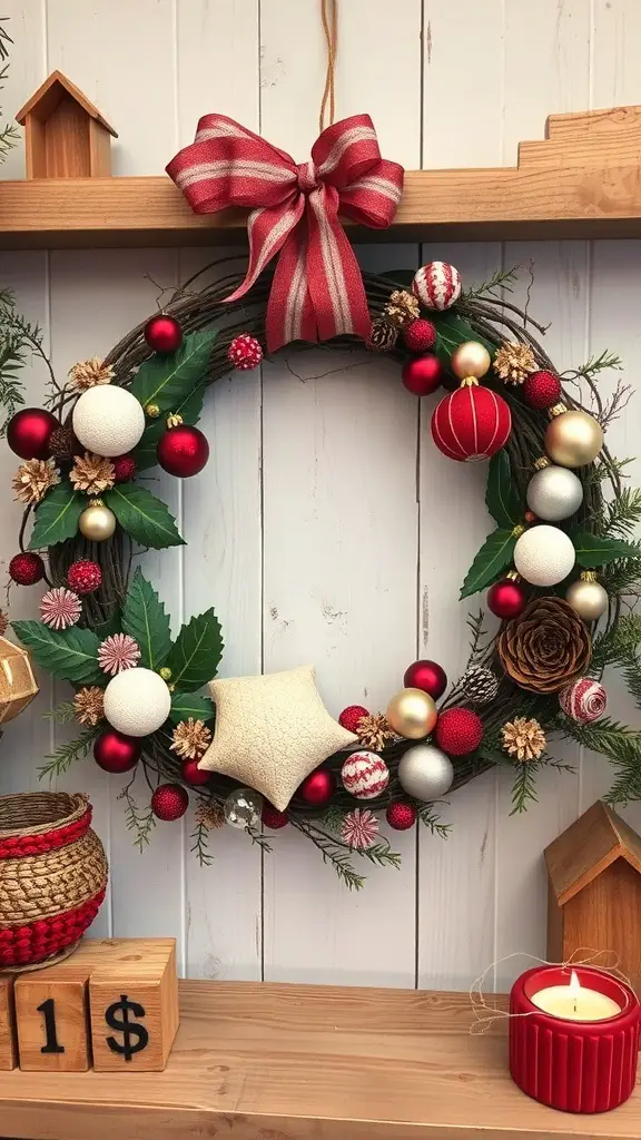 Artisan wreath with red and gold ornaments, pine cones, and a striped bow