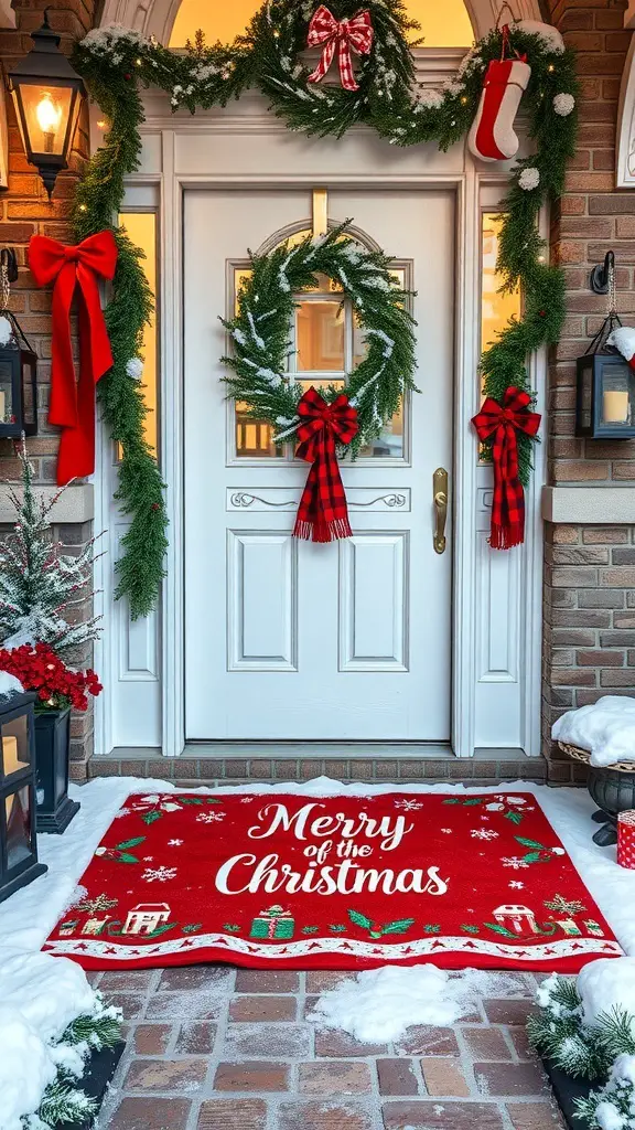 25+ Christmas Entryway Decor Ideas to Transform Your Home 3 A festive entryway with a red mat that says 'Merry of the Christmas', surrounded by wreaths, bows, and snow.