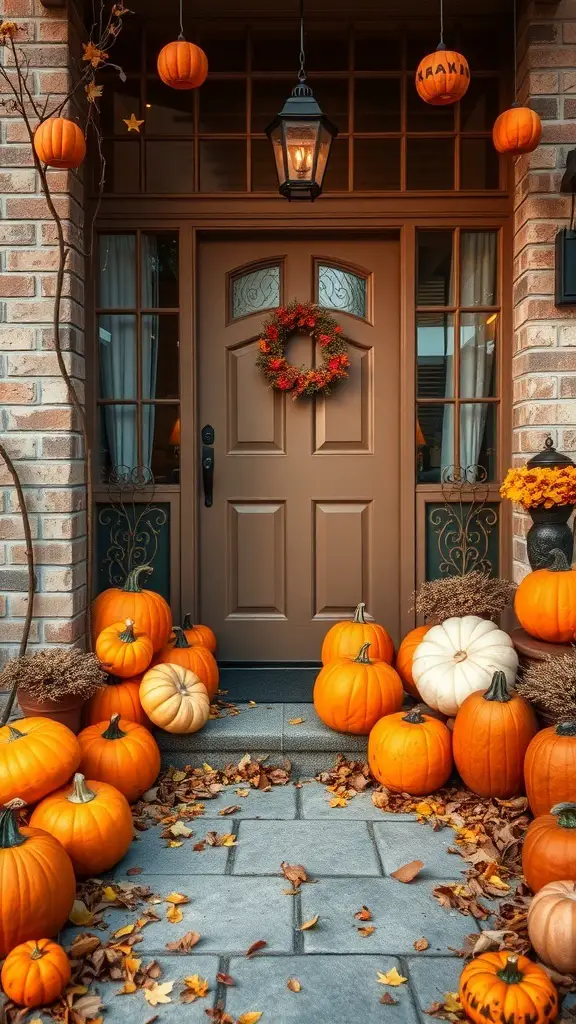 A cozy entrance decorated with various pumpkins, a wreath, and hanging lanterns, creating a festive autumn atmosphere.