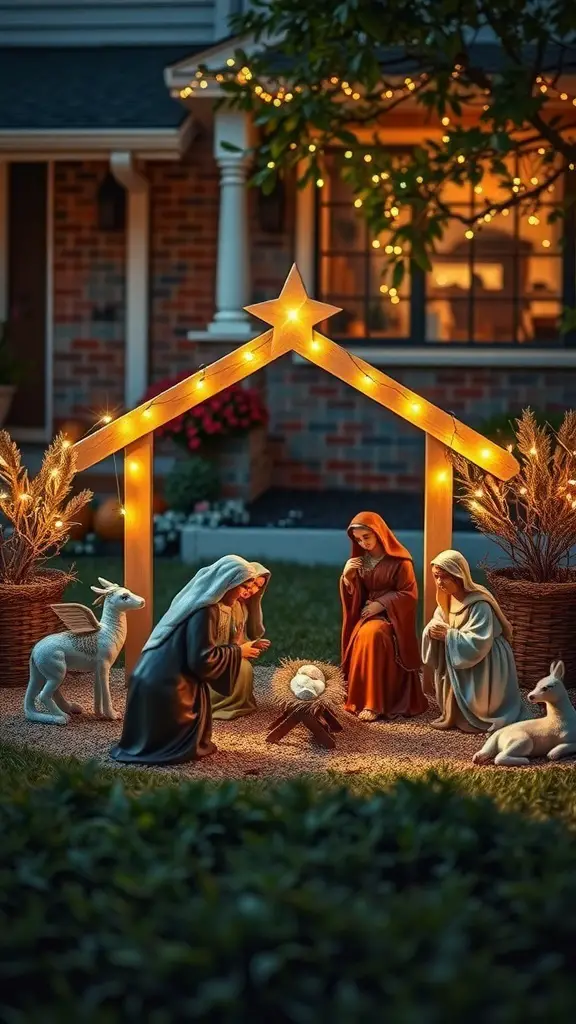 A beautifully lit nativity scene in a front yard, featuring Mary, Joseph, baby Jesus, and animals, under a starry structure.