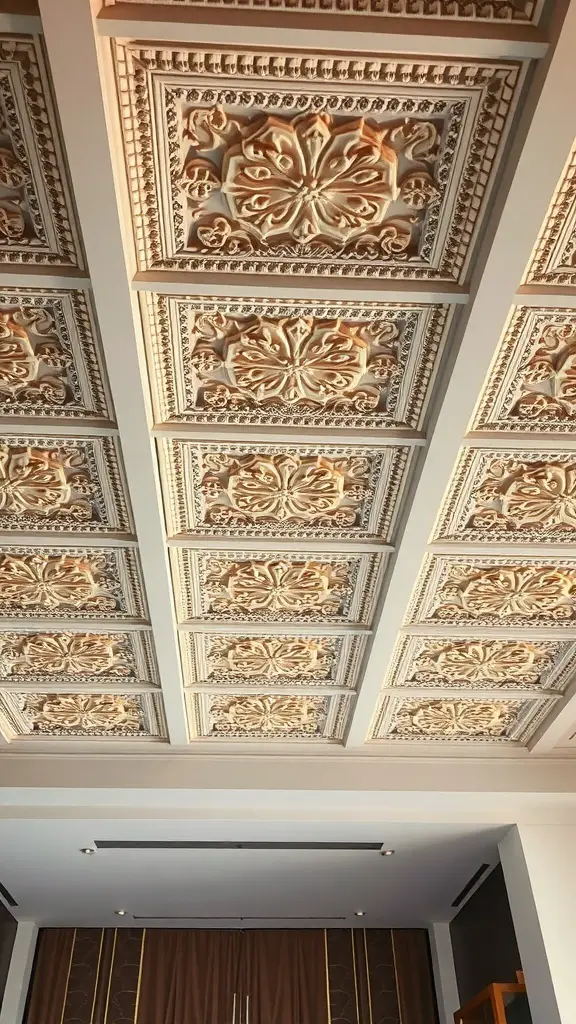 27+ Creative Ceiling Decoration Ideas for Every Room 6 Intricate ceiling tiles with a warm color palette and detailed designs.
