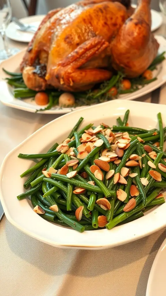 29+ Must-Try Thanksgiving Vegetable Sides for Your Holiday Feast 3 A plate of sautéed green beans topped with sliced almonds, next to a golden-brown turkey on a festive table.