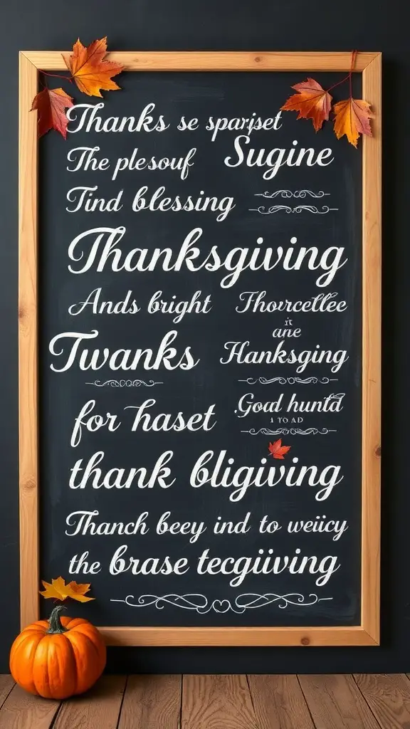 Chalkboard art featuring Thanksgiving blessings and decorative autumn leaves.