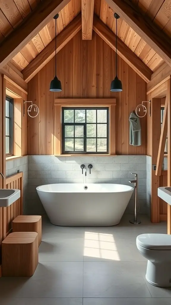 29+ Inspiring Barndominium Interior Ideas You’ll Love 3 A cozy bathroom with wooden walls, a freestanding bathtub, and modern fixtures.