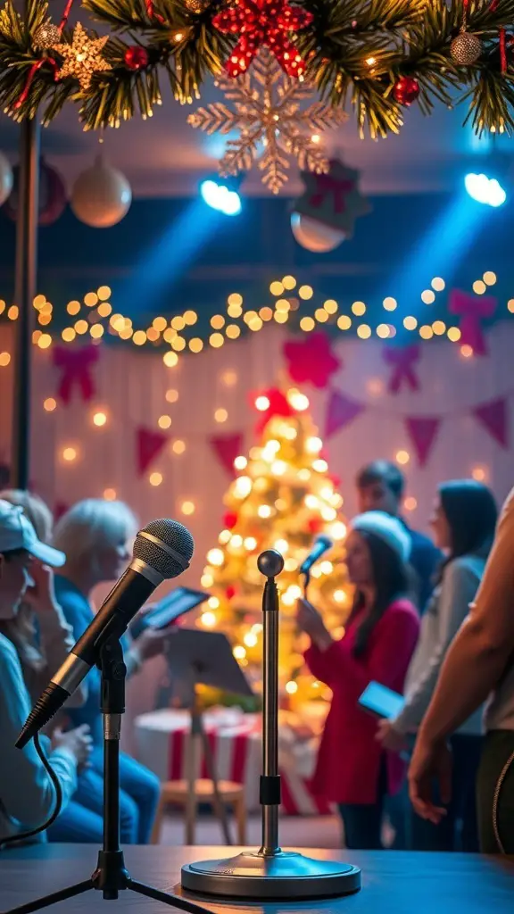 23+ Festive Christmas Event Ideas for a Joyous Celebration 11 A festive karaoke setup with a microphone and a Christmas tree in the background, surrounded by people enjoying the event.