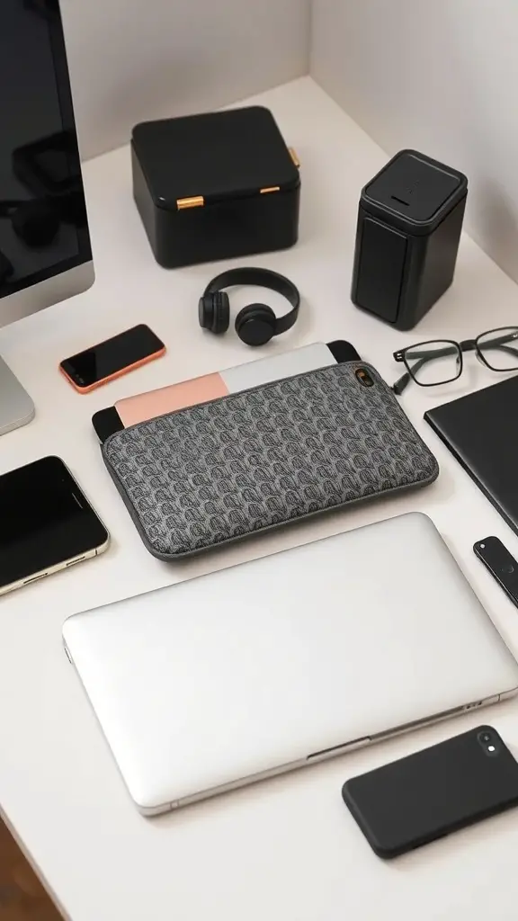 A stylish workspace featuring tech accessories like a laptop, phone, headphones, and organizers.