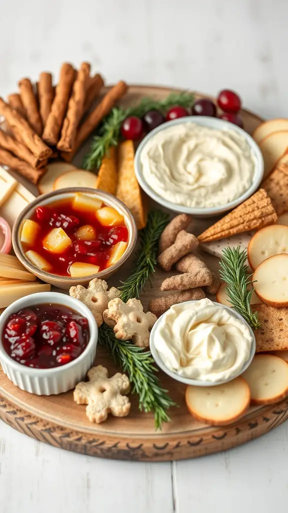 A Christmas charcuterie board featuring various dips and spreads, including cream cheese dip, cranberry sauce, and fruit cocktail, arranged with crackers and cookies.