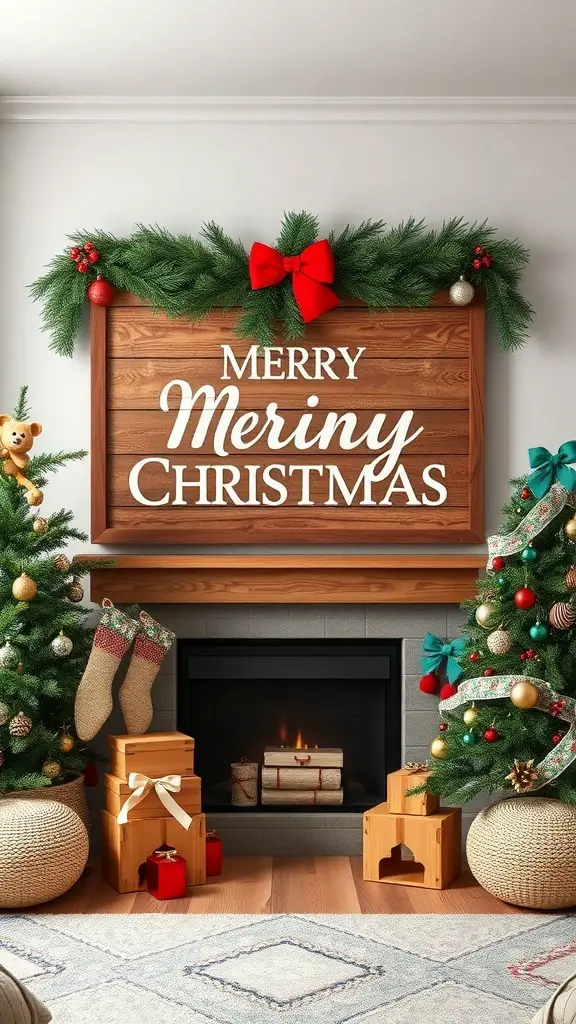 Wooden wall art with 'Merry Christmas' surrounded by holiday decorations