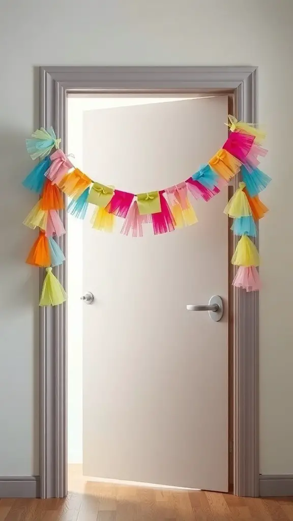 Colorful fabric and tulle garland hanging over a doorway