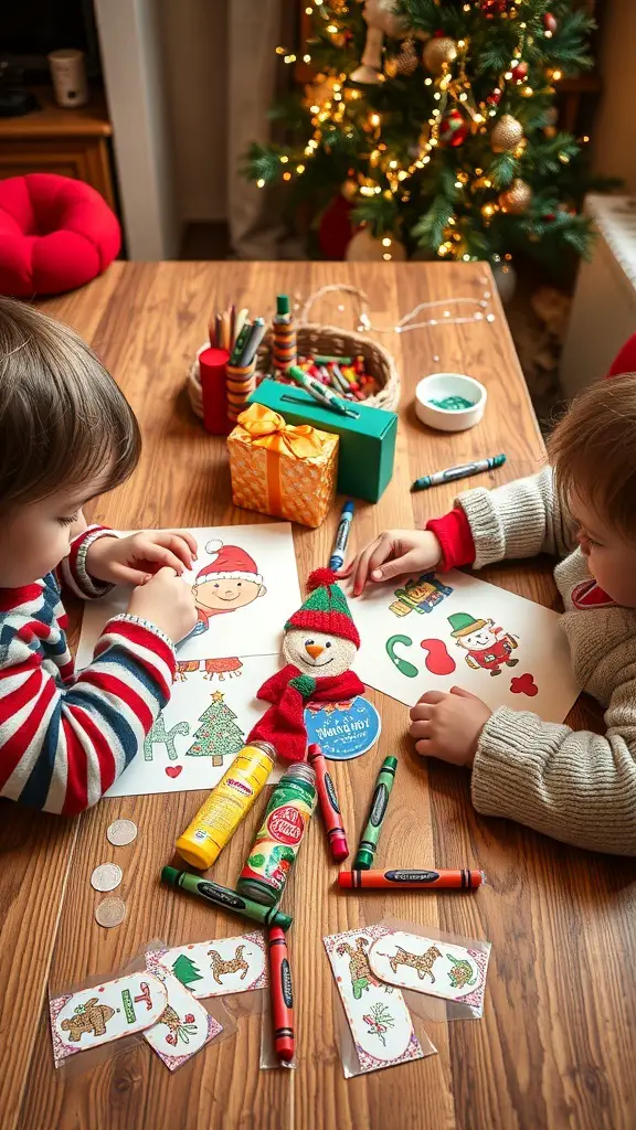 Two toddlers making holiday cards at a table with colorful supplies and a Christmas tree in the background.