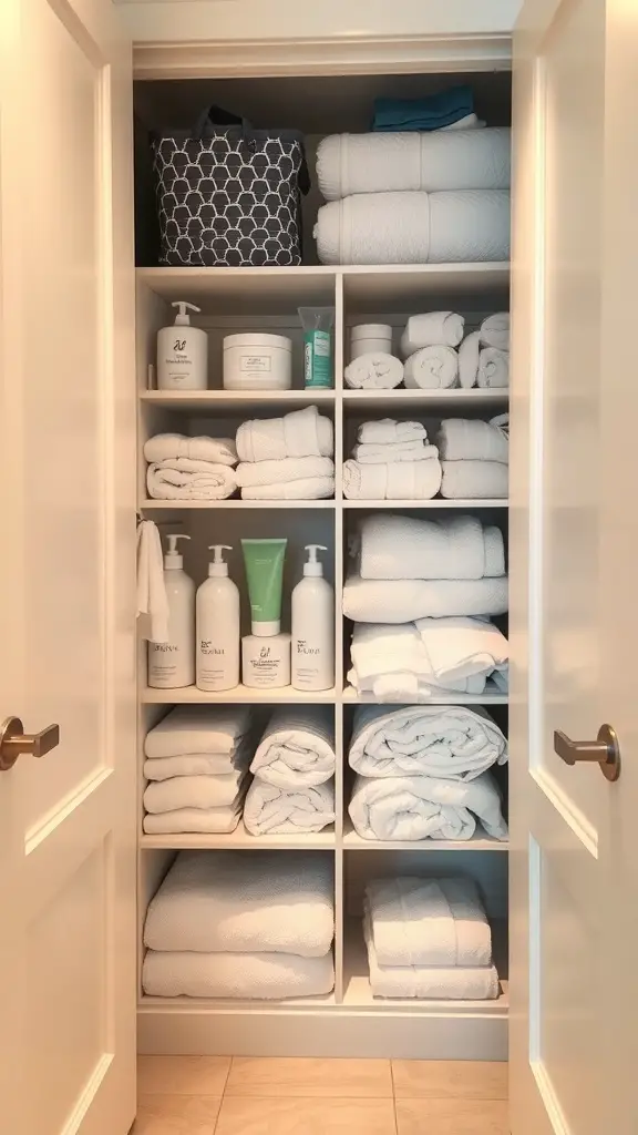 25+ Bathroom Closet Organization Ideas You’ll Love 3 Organized bathroom closet with neatly arranged towels and toiletries on shelves.