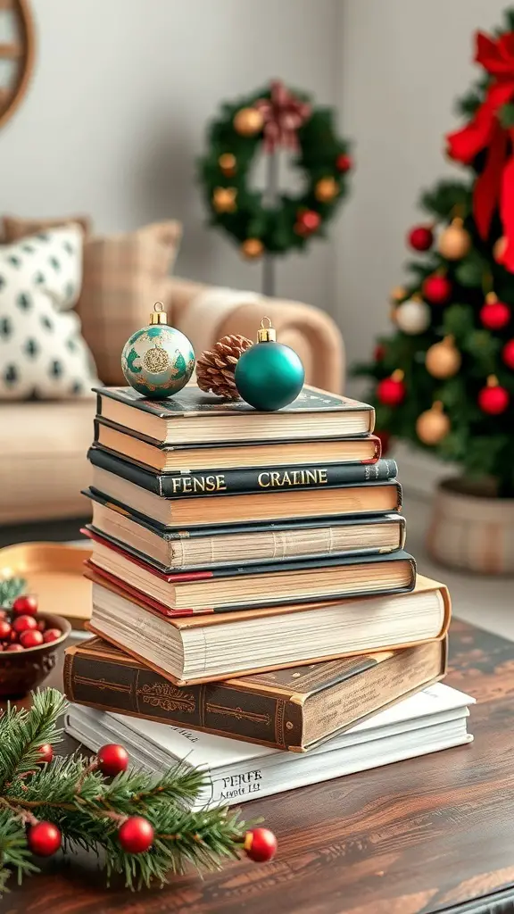 25+ Creative Christmas Coffee Table Decor Ideas to Elevate Your Holiday Style 4 A stack of vintage books decorated with Christmas ornaments and greenery on a coffee table.