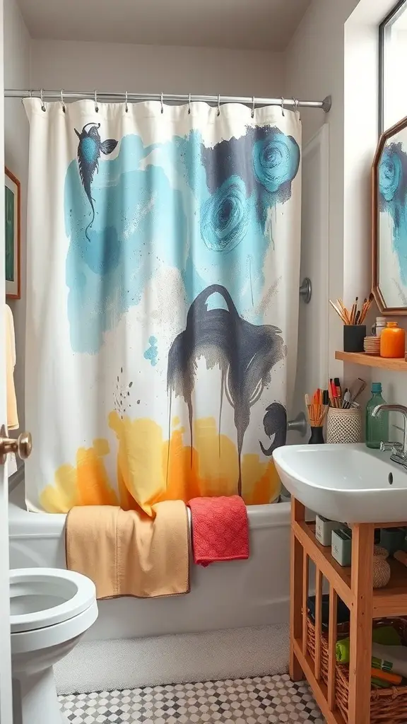 25+ Stunning Boho Shower Curtain Ideas for a Unique Bathroom Decor 15 A hand-painted shower curtain with abstract designs in blue and orange colors in a modern bathroom setting.