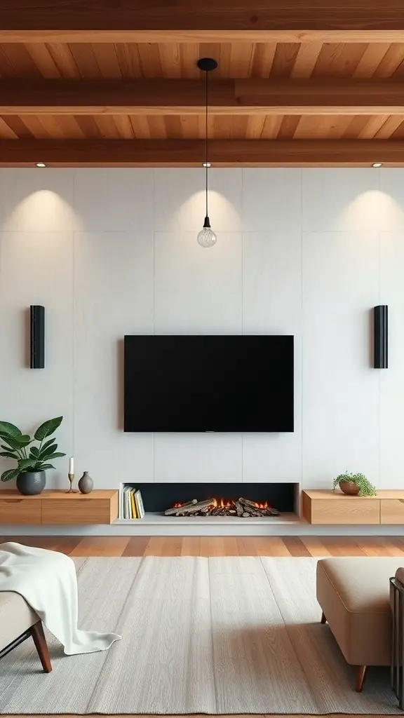 29+ Stunning TV Fireplace Wall Ideas You’ll Love 12 A modern living room with a wall-mounted TV, a cozy fireplace, and natural wood accents.