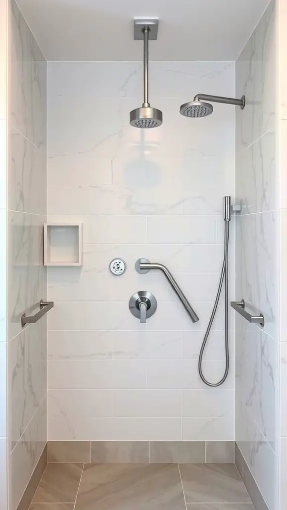 25+ Stunning Pony Wall Shower Ideas for Your Bathroom Remodel 10 A modern shower with two shower heads, one overhead and one handheld, set against a stylish tiled wall.