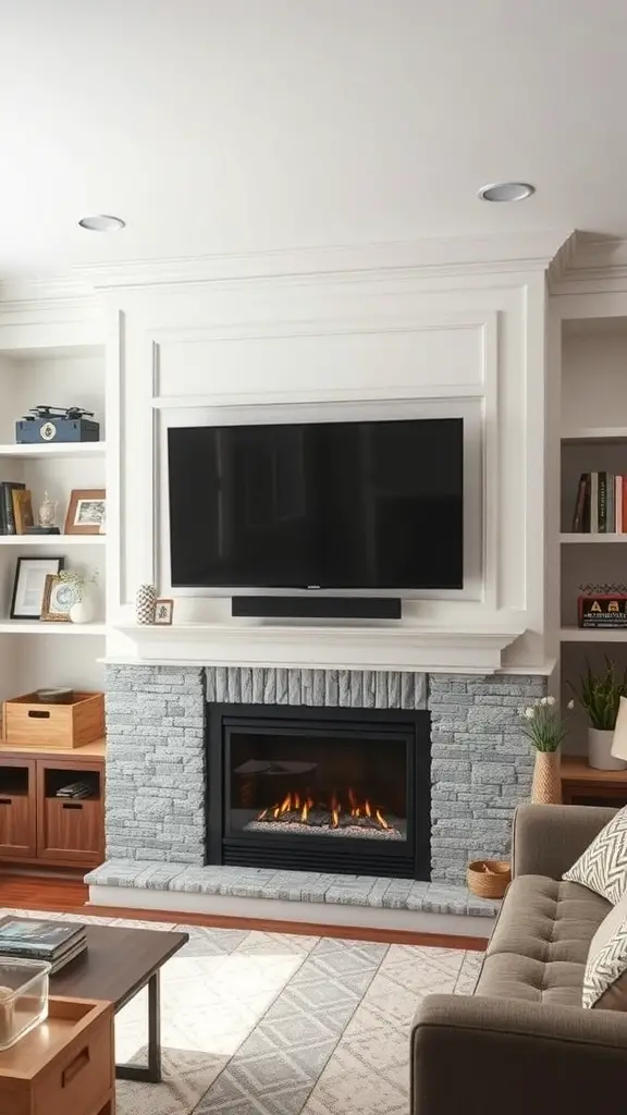 29+ Stunning TV Fireplace Wall Ideas You’ll Love 13 Cozy family-friendly entertainment center with a TV above a stone fireplace and modern shelving.