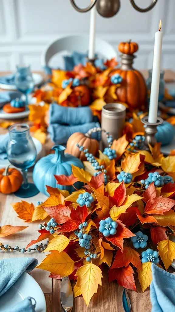 Thanksgiving table decor featuring fall leaves and blue accents