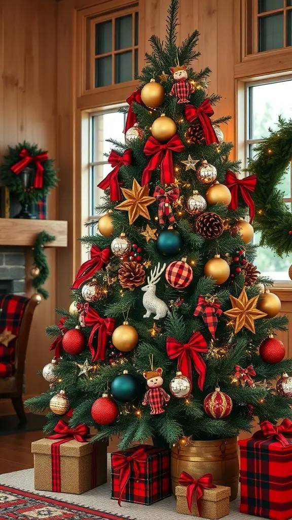 A beautifully decorated Christmas tree with buffalo plaid accents and rustic wood elements.