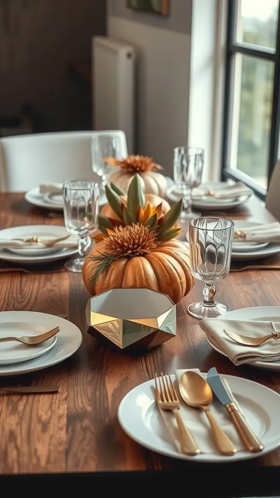 Modern Thanksgiving table with sleek dinnerware, gold utensils, and a pumpkin centerpiece.