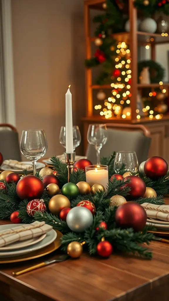 A beautifully decorated Christmas dining table featuring colorful ornaments, a candle, and greenery.